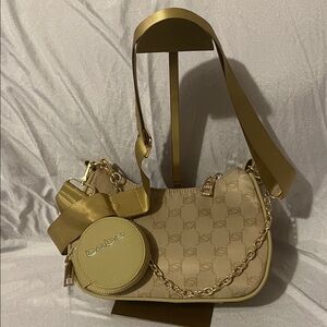 Bebe Beige Shoulder Bag with Gold Accents New Without Tags